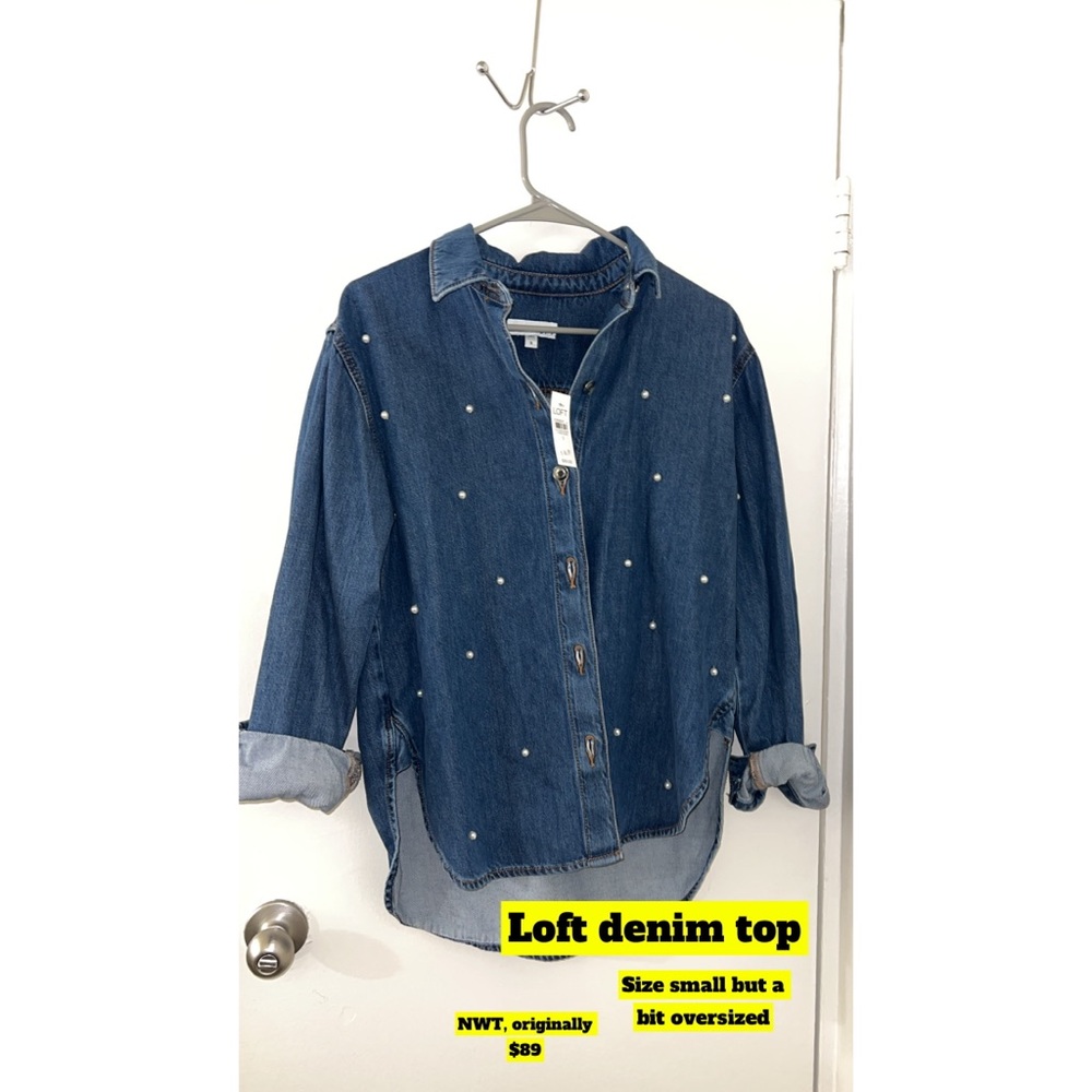 LOFT Blue Jean Jacket with Pearl Accents